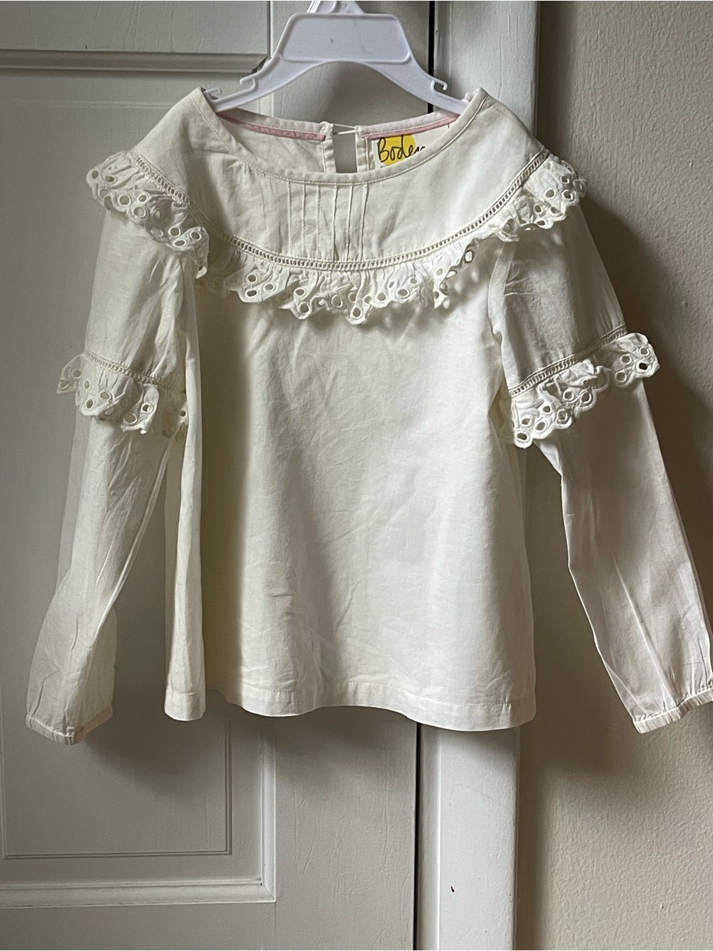 Boden Cream Eyelet Ruffle Long-Sleeve Top